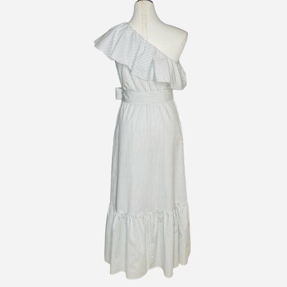 Express Striped One Shoulder Ruffle Tie Waist Poplin Maxi Dress - Picture 3 of 9